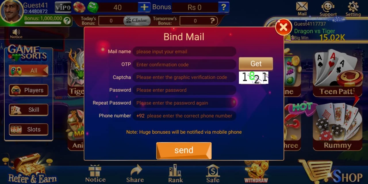 3 Lucky Blue APK email verification form