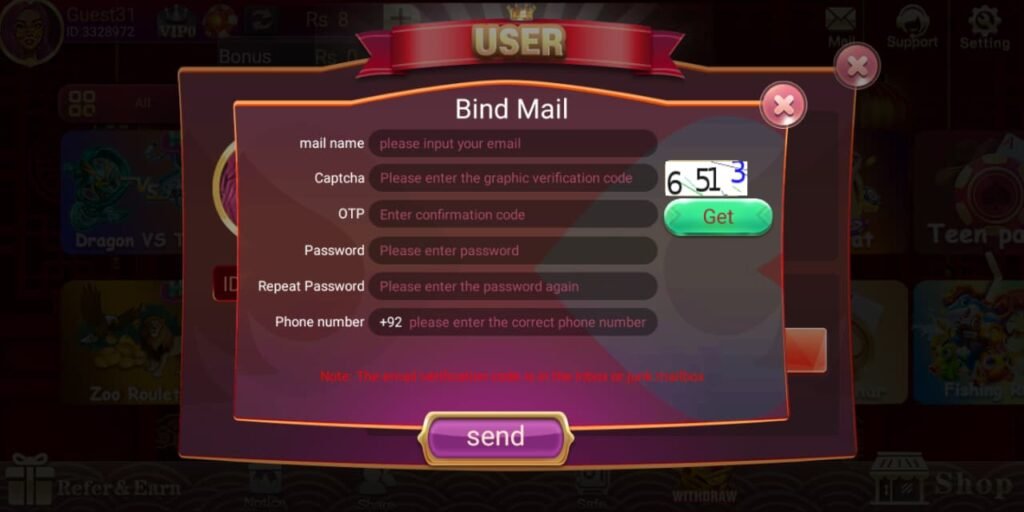 3 Patti Winner Bind Mail email account binding screen