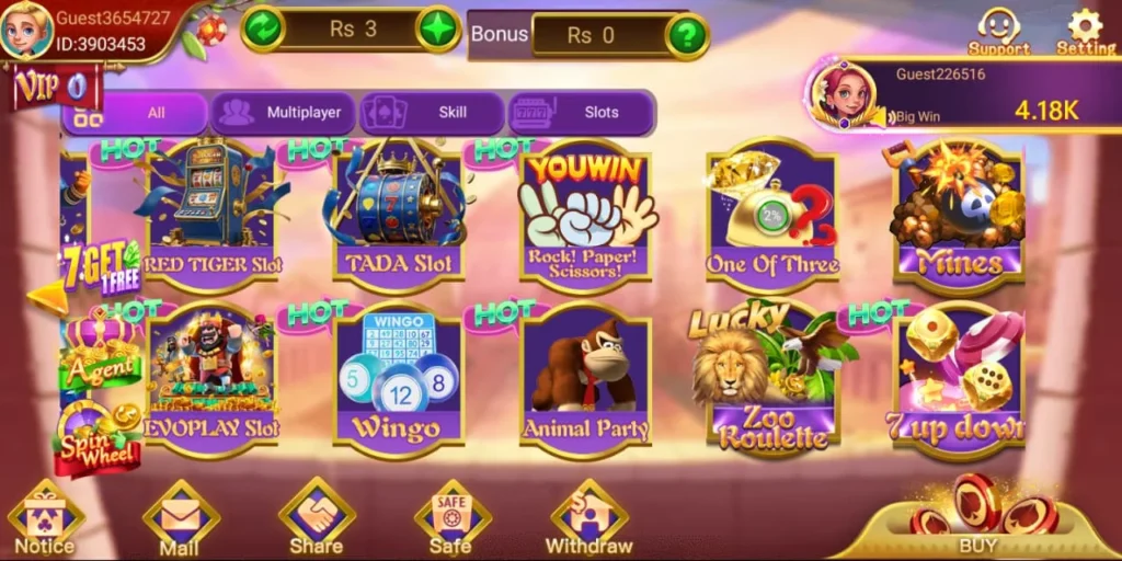3 Card Game main lobby with game categories