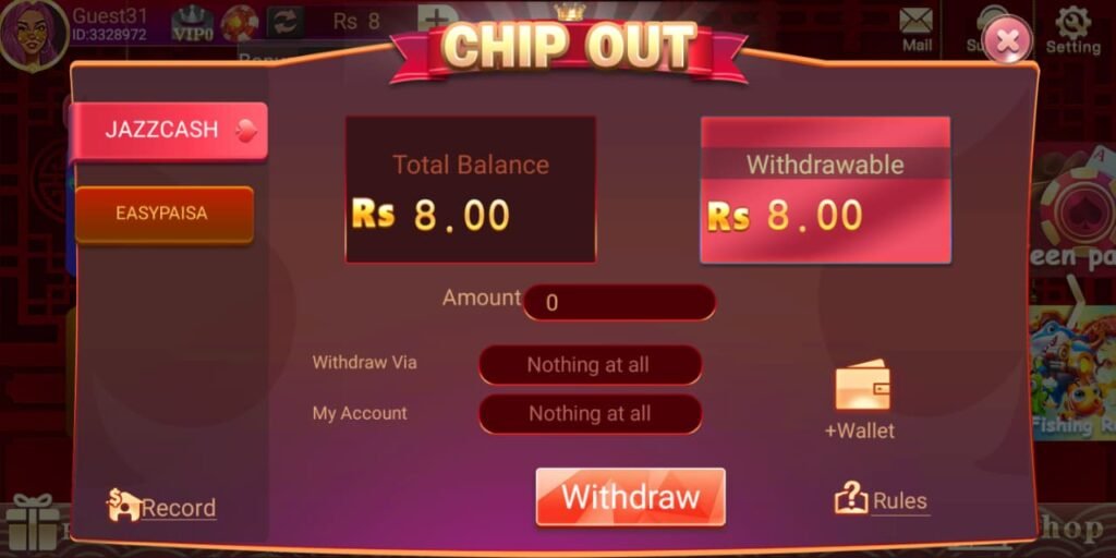 3 Patti Winner Chip Out withdrawal screen with balance and payment options