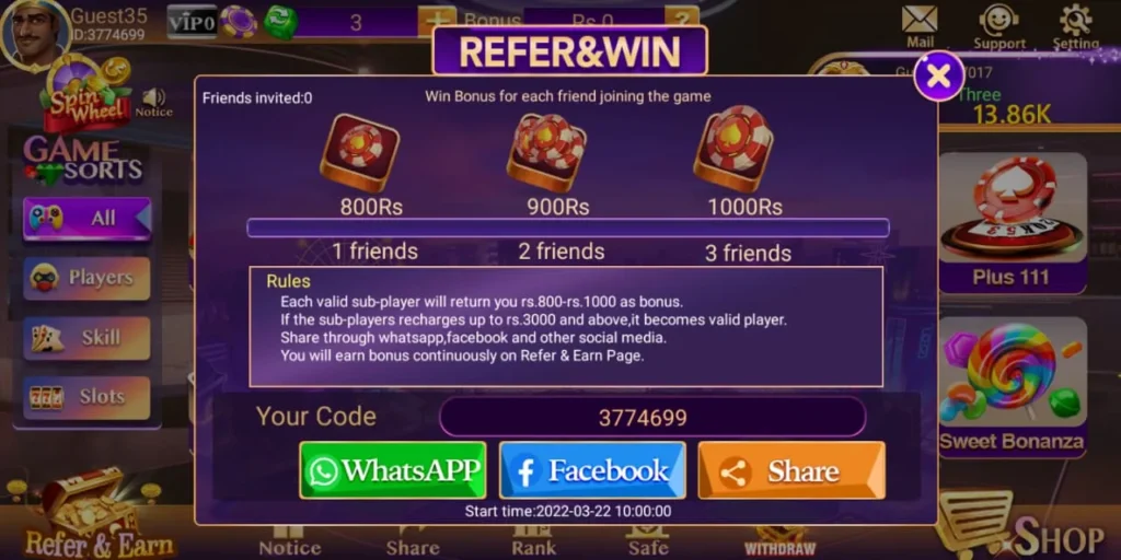 3 Patti Bingo refer and win Rs 800 to Rs 1000 bonus