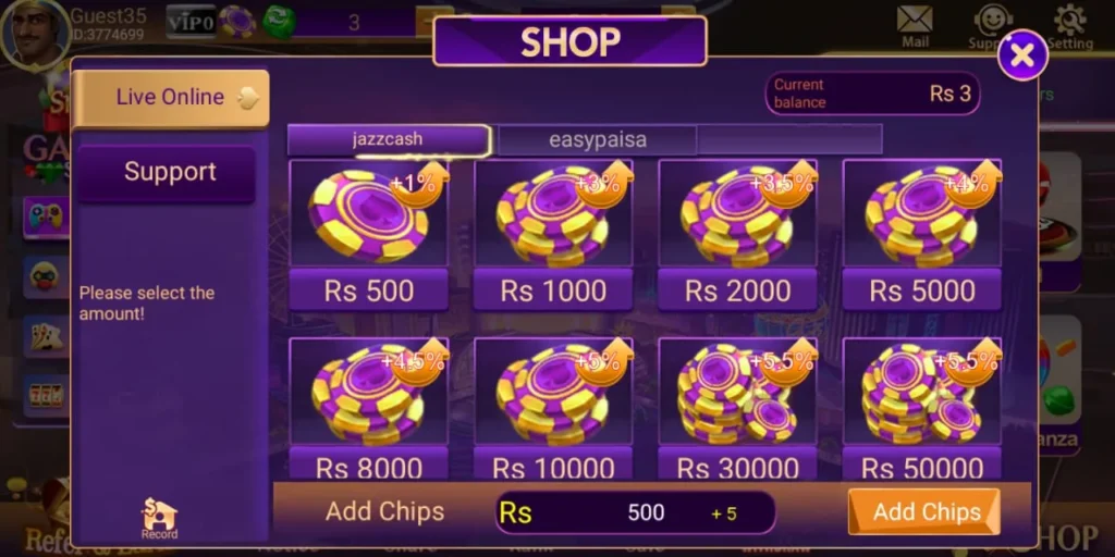 3 Patti Bingo shop JazzCash Easypaisa chip packages